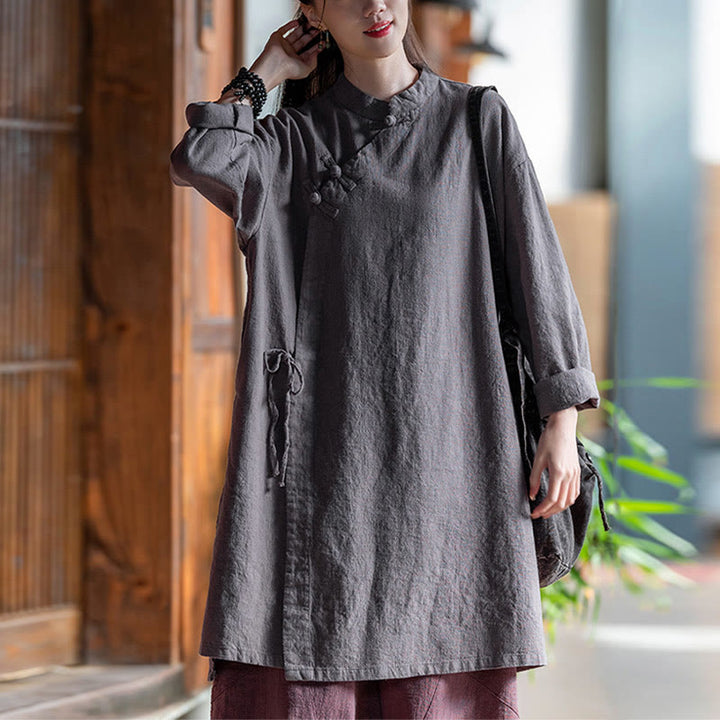 Camicetta da donna in cotone e lino vintage Buddha Stones, a maniche lunghe, cinese Hanfu - Grigio (seno 130 cm) (solo parte superiore) - image 8