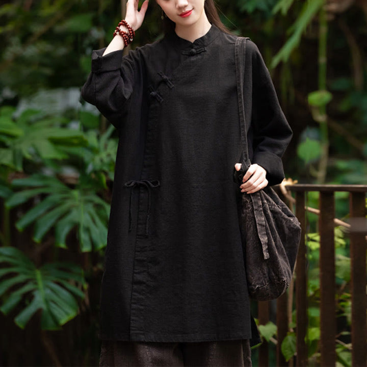 Camicetta da donna in cotone e lino vintage Buddha Stones, a maniche lunghe, cinese Hanfu - Nero (seno 130 cm) (solo parte superiore) - image 15