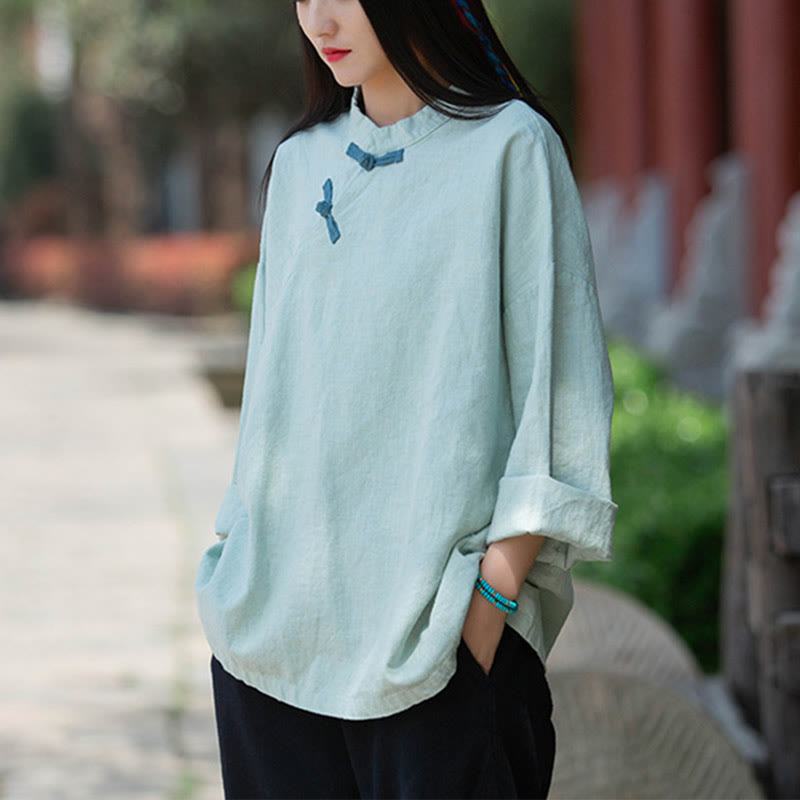 Camicetta larga in lino ramiè Buddha Stones da donna, a maniche lunghe, cinese Hanfu Top - Verde (seno 132 cm) (solo parte superiore) - image 0