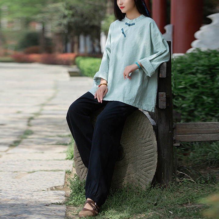 Camicetta larga in lino ramiè Buddha Stones da donna, a maniche lunghe, cinese Hanfu Top - image 3