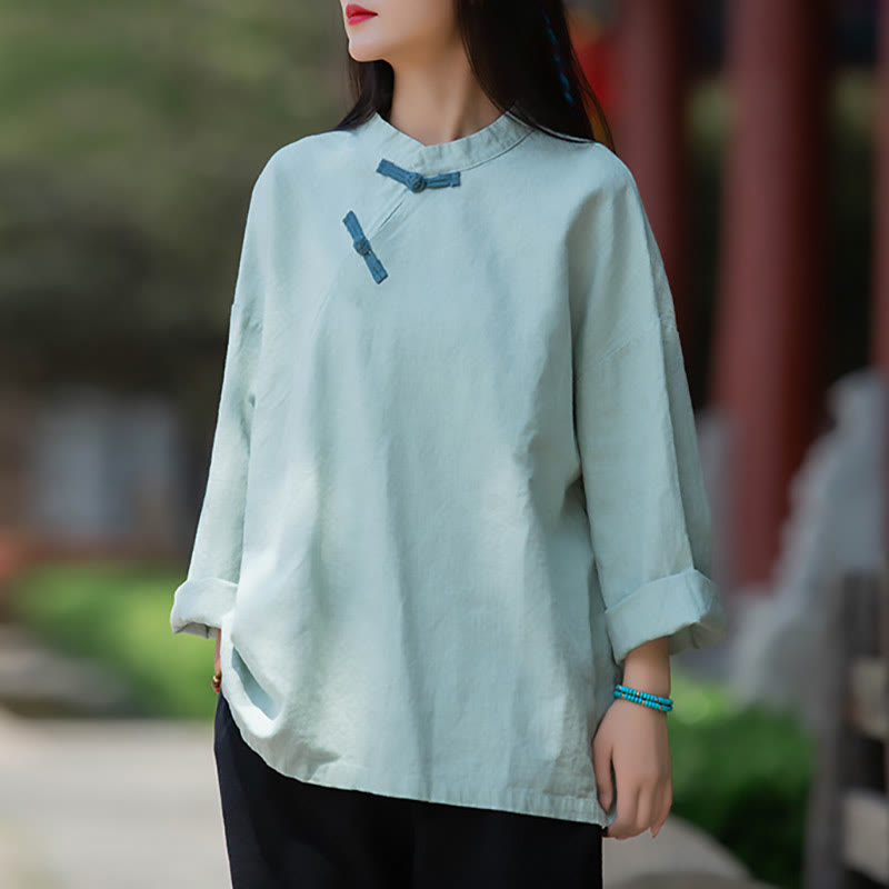 Camicetta larga in lino ramiè Buddha Stones da donna, a maniche lunghe, cinese Hanfu Top - image 1