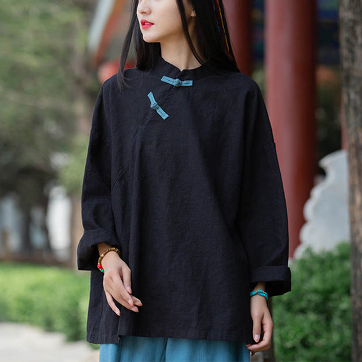 Camicetta larga in lino ramiè Buddha Stones da donna, a maniche lunghe, cinese Hanfu Top - Nero (seno 132 cm) (solo parte superiore) - image 11