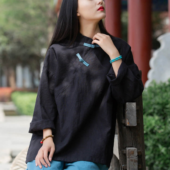 Camicetta larga in lino ramiè Buddha Stones da donna, a maniche lunghe, cinese Hanfu Top - image 12