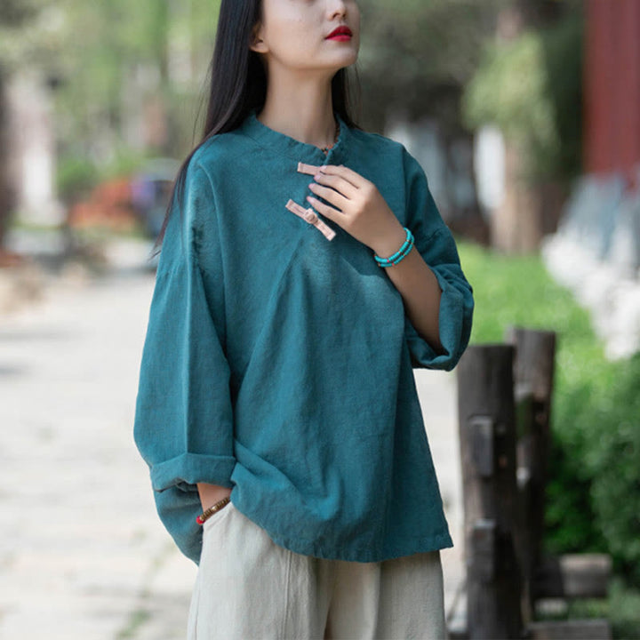 Camicetta larga in lino ramiè Buddha Stones da donna, a maniche lunghe, cinese Hanfu Top - image 22