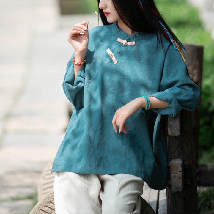 Camicetta larga in lino ramiè Buddha Stones da donna, a maniche lunghe, cinese Hanfu Top - image 23