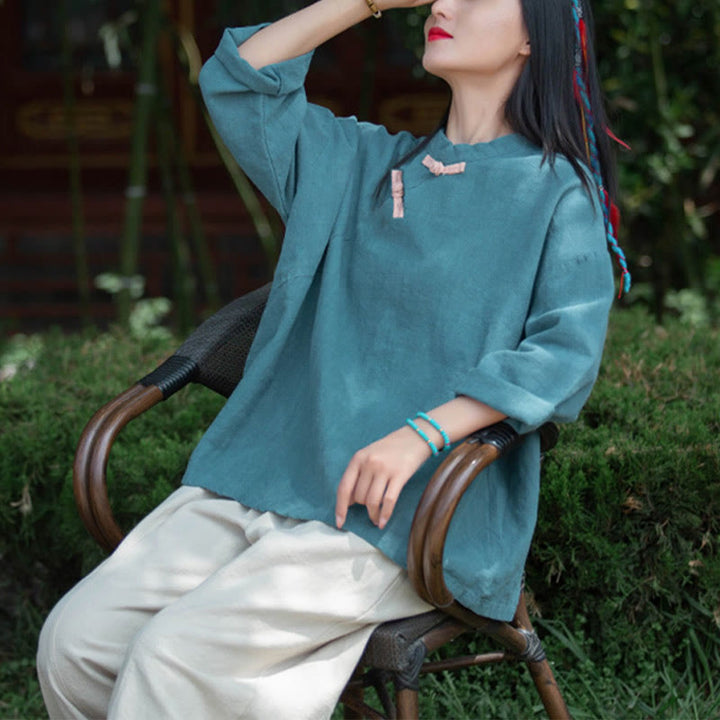 Camicetta larga in lino ramiè Buddha Stones da donna, a maniche lunghe, cinese Hanfu Top - image 25