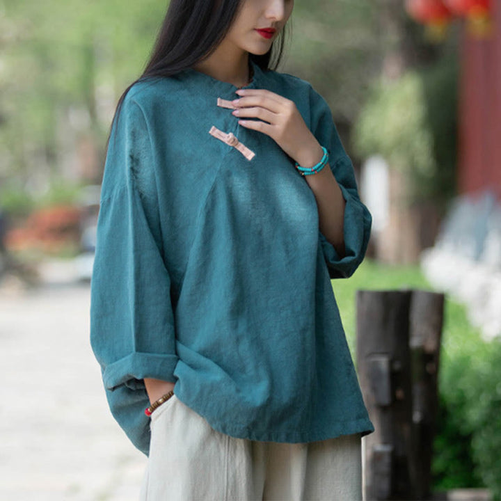 Camicetta larga in lino ramiè Buddha Stones da donna, a maniche lunghe, cinese Hanfu Top - image 21
