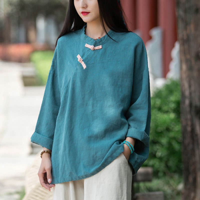 Camicetta larga in lino ramiè Buddha Stones da donna, a maniche lunghe, cinese Hanfu Top - Ciano (seno 132 cm) (solo parte superiore) - image 19