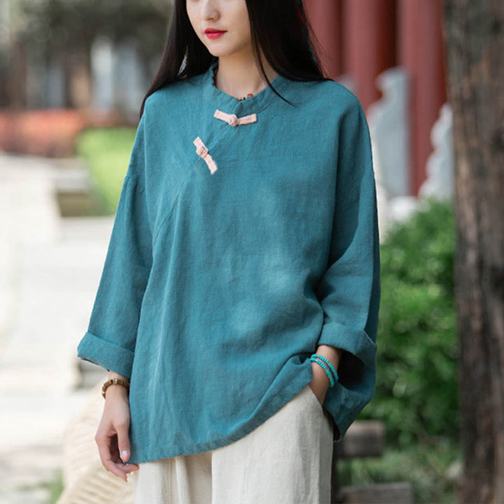 Camicetta larga in lino ramiè Buddha Stones da donna, a maniche lunghe, cinese Hanfu Top - Ciano (seno 132 cm) (solo parte superiore) - image 19
