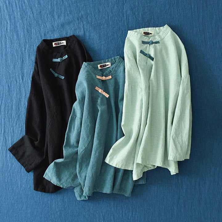 Camicetta larga in lino ramiè Buddha Stones da donna, a maniche lunghe, cinese Hanfu Top - image 27