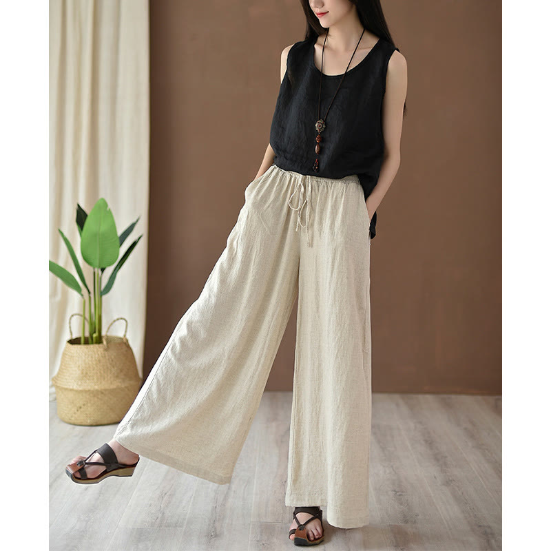 Pantaloni larghi in cotone e lino con coulisse e tasche Buddha Stones