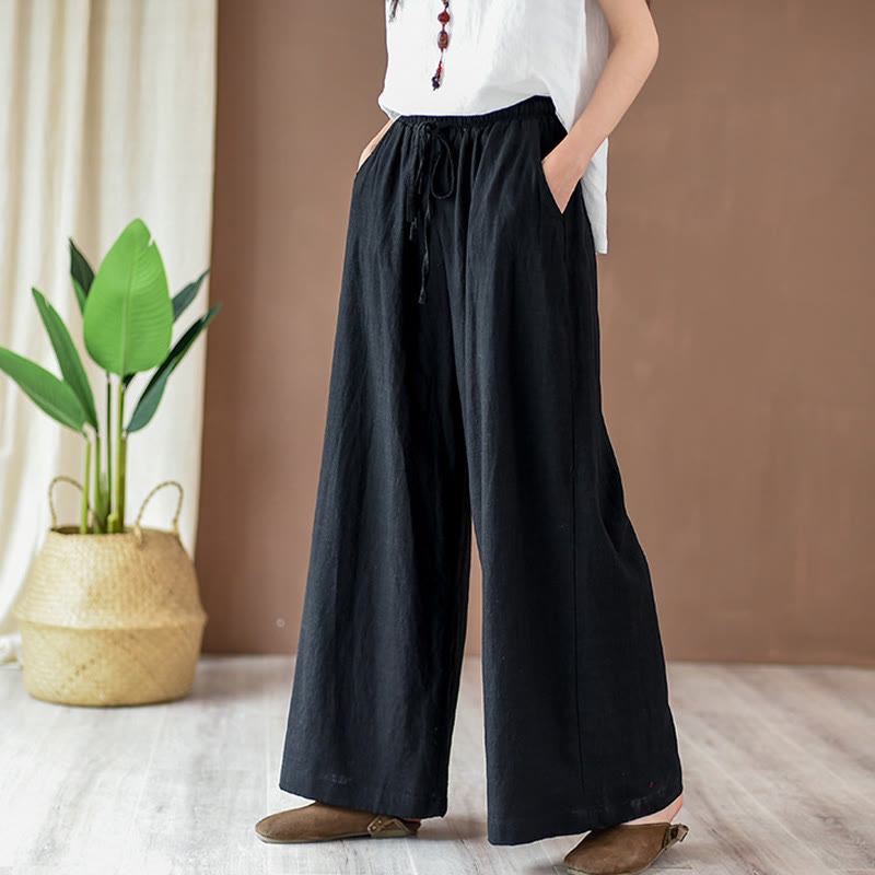 Pantaloni larghi in cotone e lino con coulisse e tasche Buddha Stones