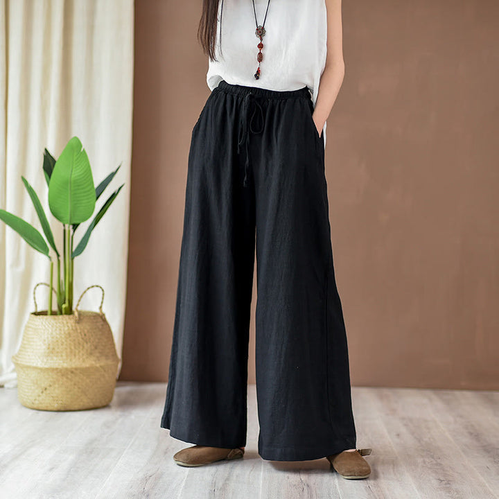 Pantaloni larghi in cotone e lino con coulisse e tasche Buddha Stones