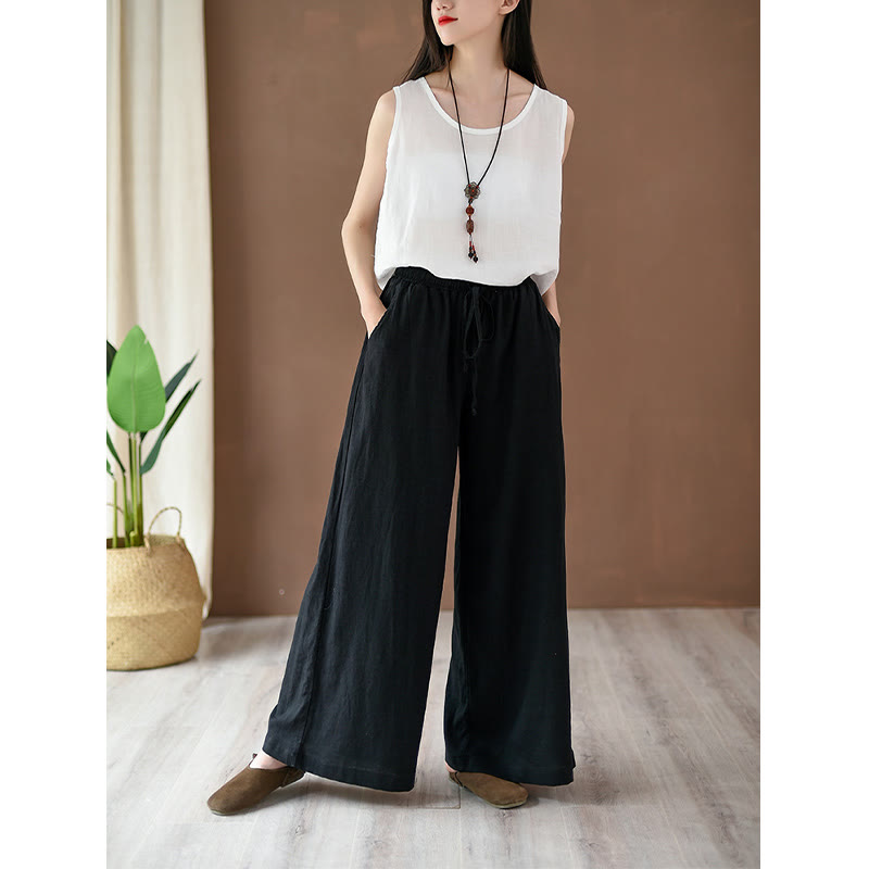 Pantaloni larghi in cotone e lino con coulisse e tasche Buddha Stones