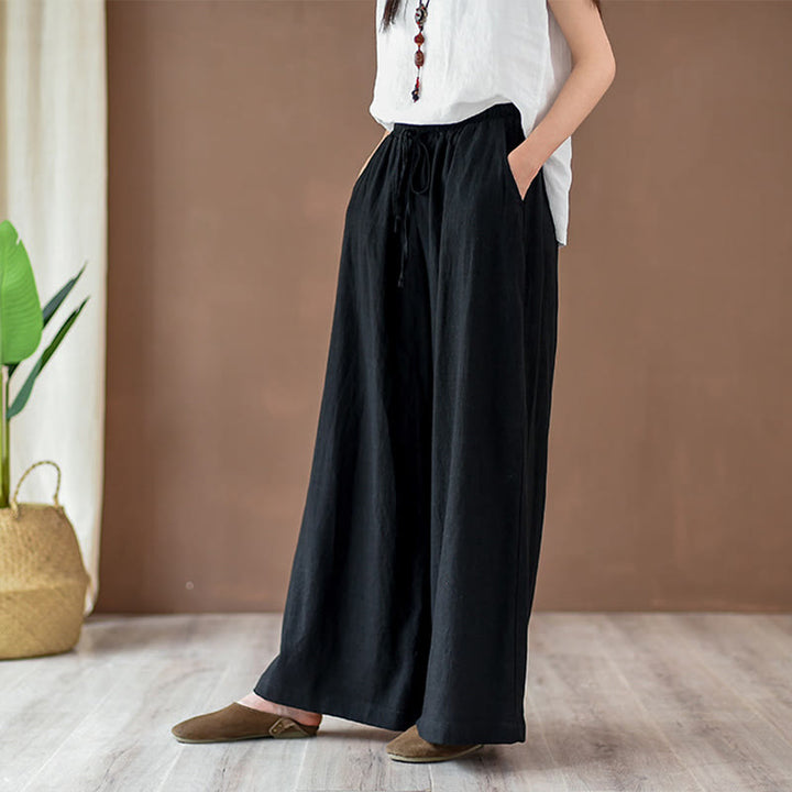 Pantaloni larghi in cotone e lino con coulisse e tasche Buddha Stones