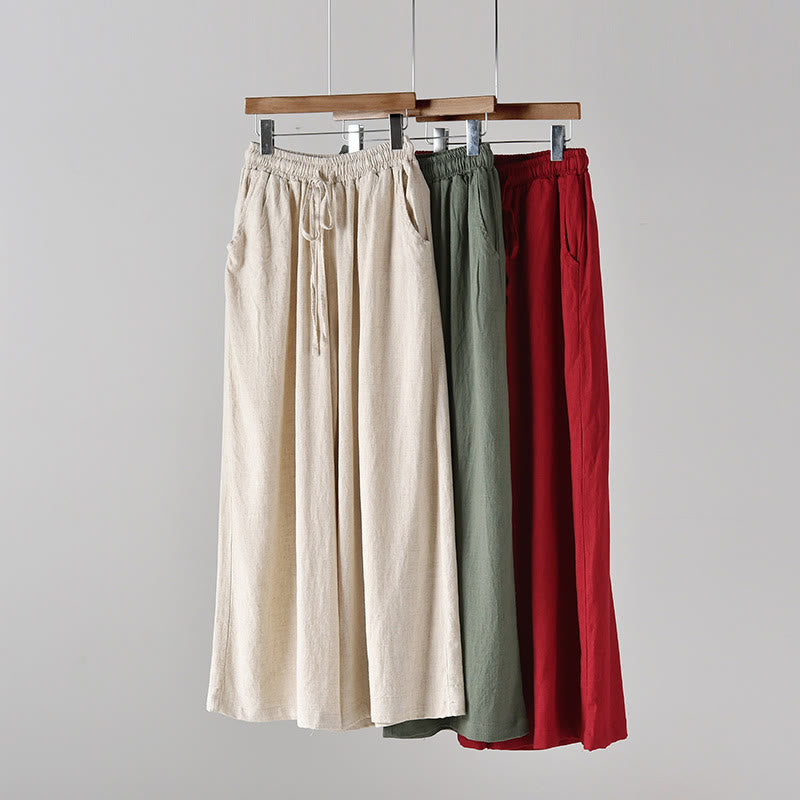 Pantaloni larghi in cotone e lino con coulisse e tasche Buddha Stones