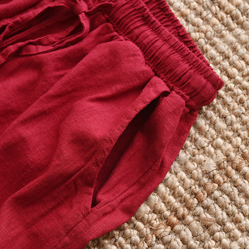 Pantaloni larghi in cotone e lino con coulisse e tasche Buddha Stones