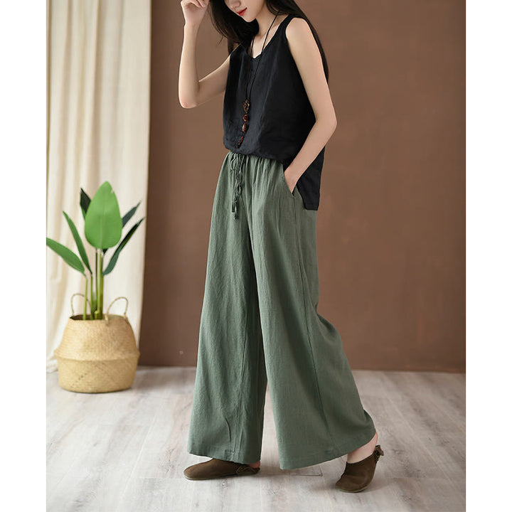 Pantaloni larghi in cotone e lino con coulisse e tasche Buddha Stones