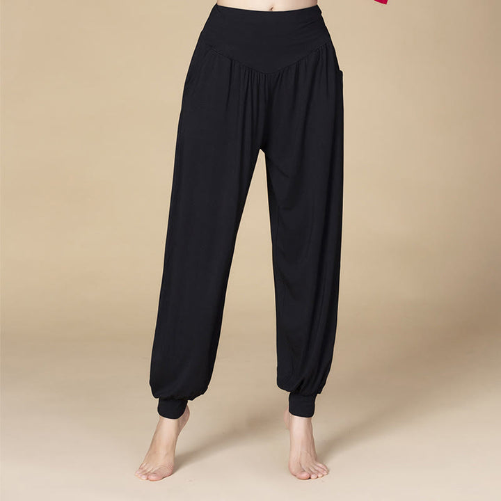 Pantaloni harem a vita alta con tasche, in modal tinta unita, per yoga e danza, Buddha Stones - Nero - US14, UK/AU18, EU46 (3XL) - image 7