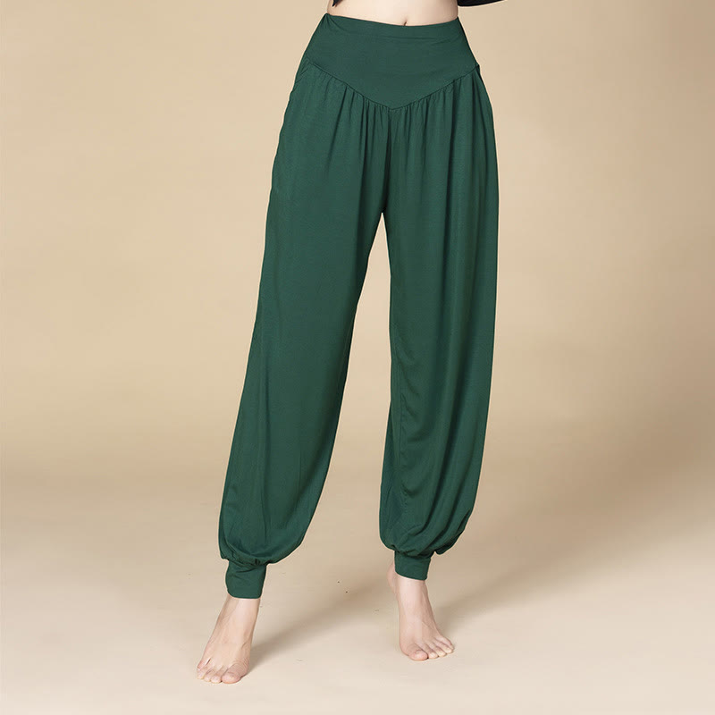 Pantaloni harem a vita alta con tasche, in modal tinta unita, per yoga e danza, Buddha Stones - Verde scuro - US14, UK/AU18, EU46 (3XL) - image 12