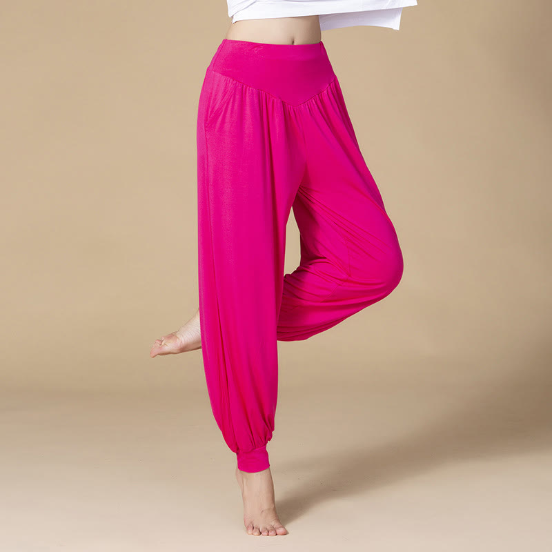Pantaloni harem a vita alta con tasche, in modal tinta unita, per yoga e danza, Buddha Stones - Rosso rosa - US14, UK/AU18, EU46 (3XL) - image 15
