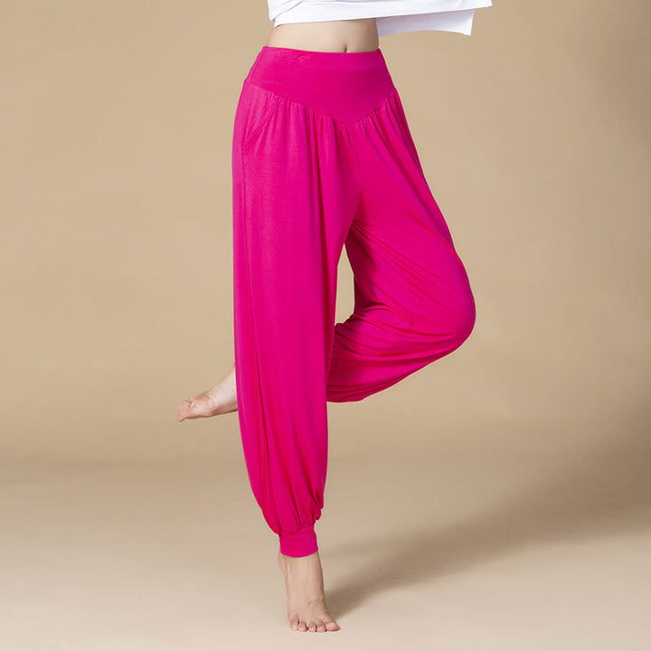 Pantaloni harem a vita alta con tasche, in modal tinta unita, per yoga e danza, Buddha Stones - Rosso rosa - US14, UK/AU18, EU46 (3XL) - image 15