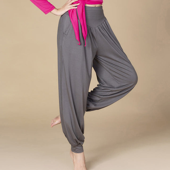 Pantaloni harem a vita alta con tasche, in modal tinta unita, per yoga e danza, Buddha Stones - image 22