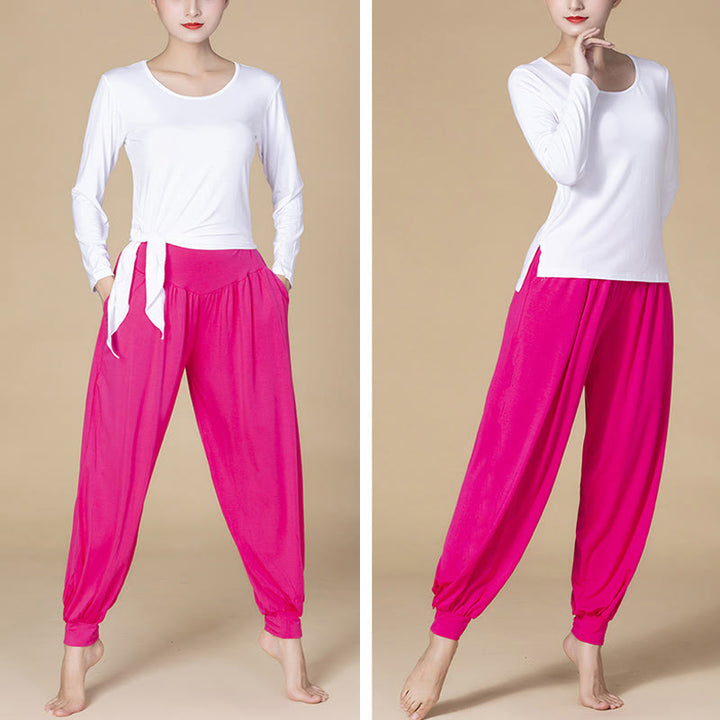 Pantaloni harem a vita alta con tasche, in modal tinta unita, per yoga e danza, Buddha Stones - image 16