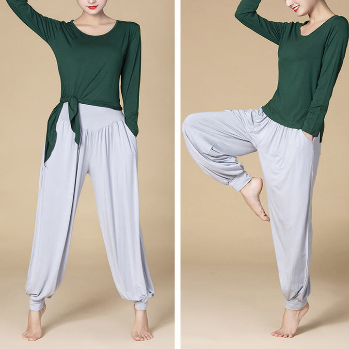 Pantaloni harem a vita alta con tasche, in modal tinta unita, per yoga e danza, Buddha Stones - image 1