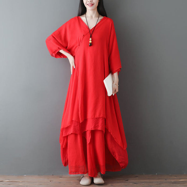 Abito tunica midi con scollo a V e pantaloni a gamba larga con motivo Buddha Stones, abbigliamento per meditazione, pratica zen e danza. - Completo 2 pezzi rosso (vestito e pantaloni) - US12, UK/AU16, EU44 (2XL) - image 7