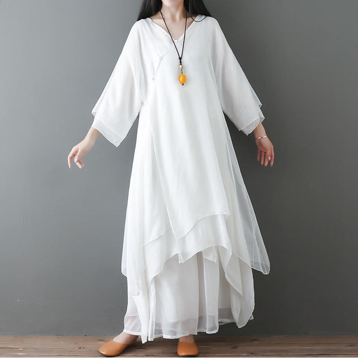 Abito tunica midi con Buddha Stones a V e pantaloni larghi, per meditazione, zen, danza - 2 pezzi bianchi (abito e pantaloni) - US12, UK/AU16, EU44 (2XL) - image 0