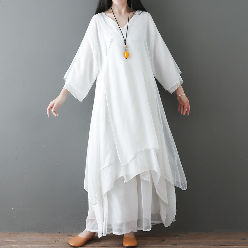Abito tunica midi con scollo a V e pantaloni a gamba larga con motivo Buddha Stones, abbigliamento per meditazione, pratica zen e danza. - Completo 2 pezzi bianco (vestito e pantaloni) - US12, UK/AU16, EU44 (2XL) - image 0