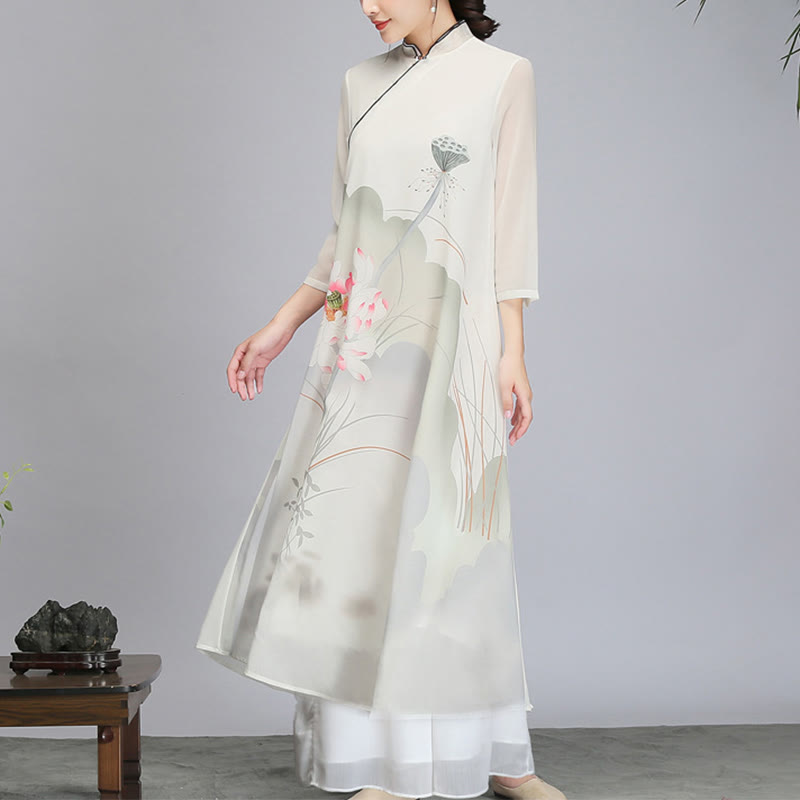 Buddha Stones Lotus Flower Pod Chiffon Cheongsam Midi Dress Meditazione Zen Pratica Abbigliamento - image 1