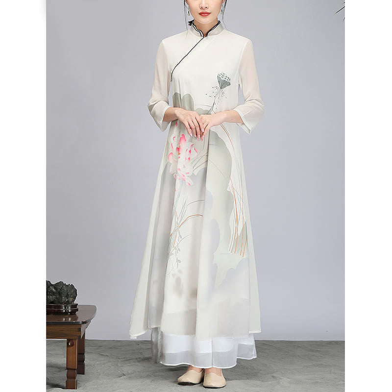 Buddha Stones Lotus Flower Pod Chiffon Cheongsam Midi Dress Meditazione Zen Pratica Abbigliamento