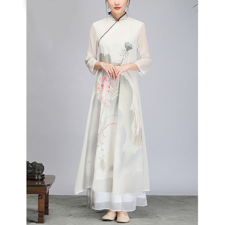 Buddha Stones Lotus Flower Pod Chiffon Cheongsam Midi Dress Meditazione Zen Pratica Abbigliamento