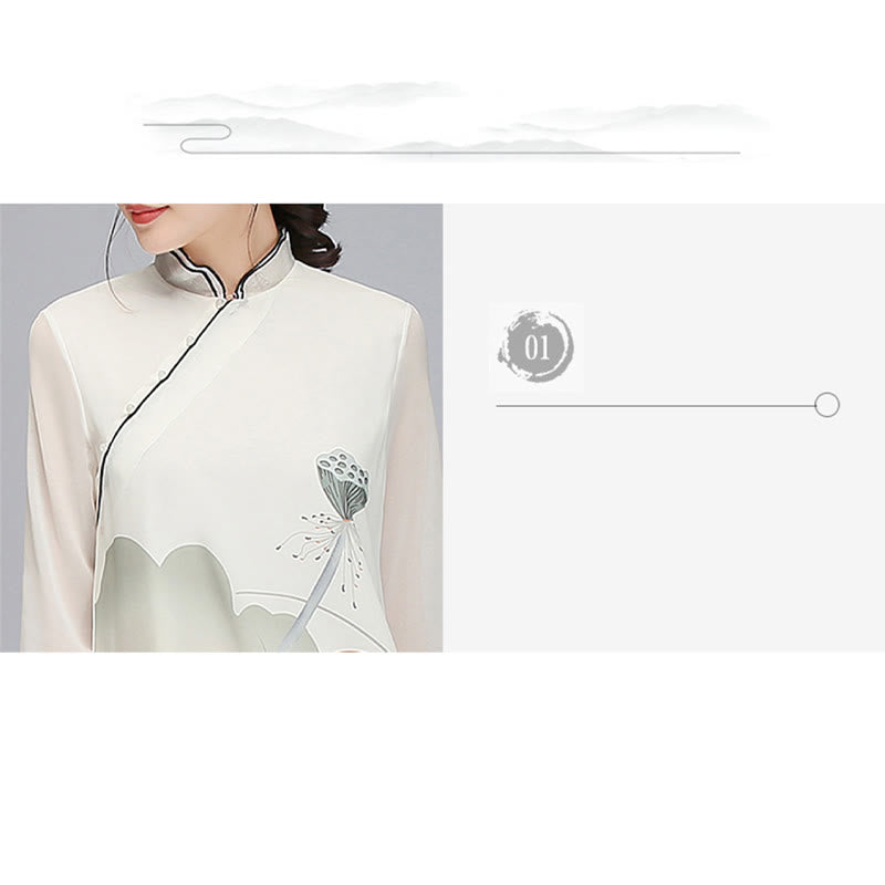 Buddha Stones Lotus Flower Pod Chiffon Cheongsam Midi Dress Meditazione Zen Pratica Abbigliamento