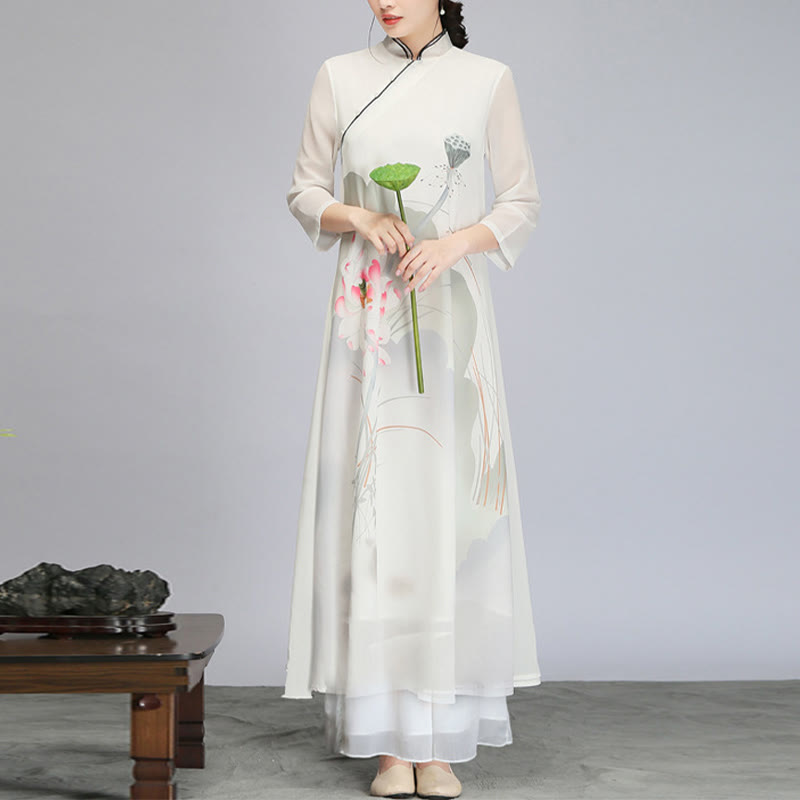 Buddha Stones Lotus Flower Pod Chiffon Cheongsam Midi Dress Meditazione Zen Pratica Abbigliamento