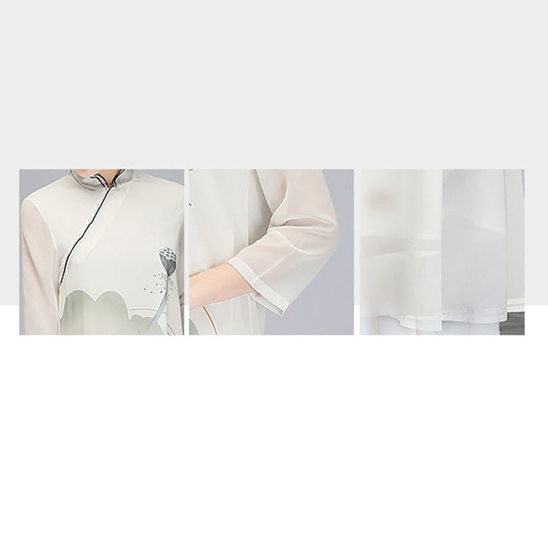 Buddha Stones Lotus Flower Pod Chiffon Cheongsam Midi Dress Meditazione Zen Pratica Abbigliamento - image 7