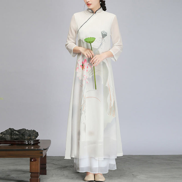 Buddha Stones Lotus Flower Pod Chiffon Cheongsam Midi Dress Meditazione Zen Pratica Abbigliamento - image 3