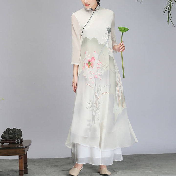 Buddha Stones Lotus Flower Pod Chiffon Cheongsam Midi Dress Meditazione Zen Pratica Abbigliamento - image 2