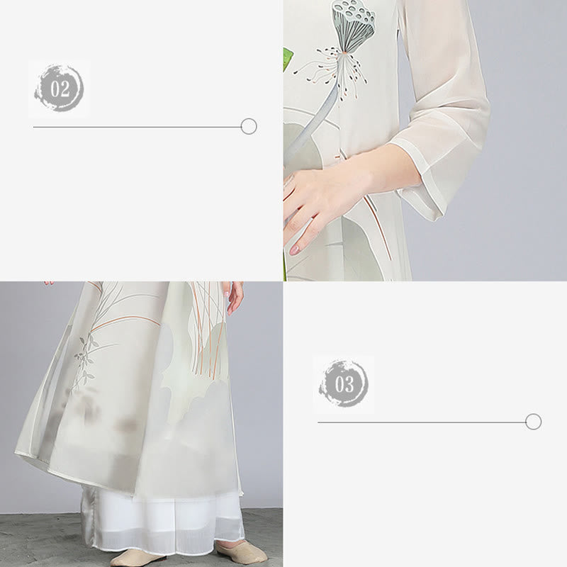 Buddha Stones Lotus Flower Pod Chiffon Cheongsam Midi Dress Meditazione Zen Pratica Abbigliamento