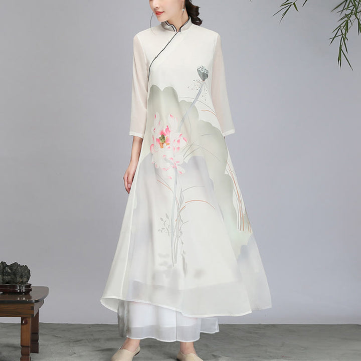 Buddha Stones Lotus Flower Pod Chiffon Cheongsam Midi Dress Meditazione Zen Pratica Abbigliamento