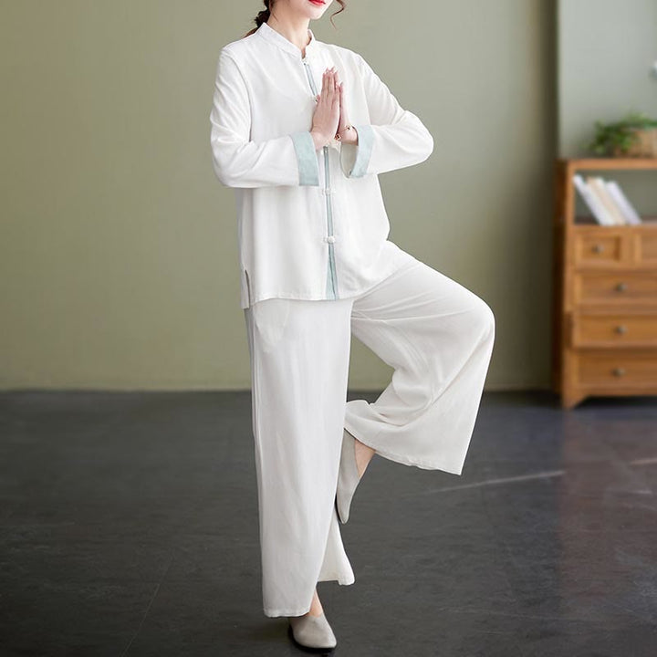 Buddha Stones 2 pezzi Tang Suit camicia a maniche lunghe pantaloni Meditazione Zen Tai Chi cotone lino abbigliamento da donna set - Bianco (top e pantaloni) - US8-10, UK/AU12-14, EU40-42 (2XL) - image 0