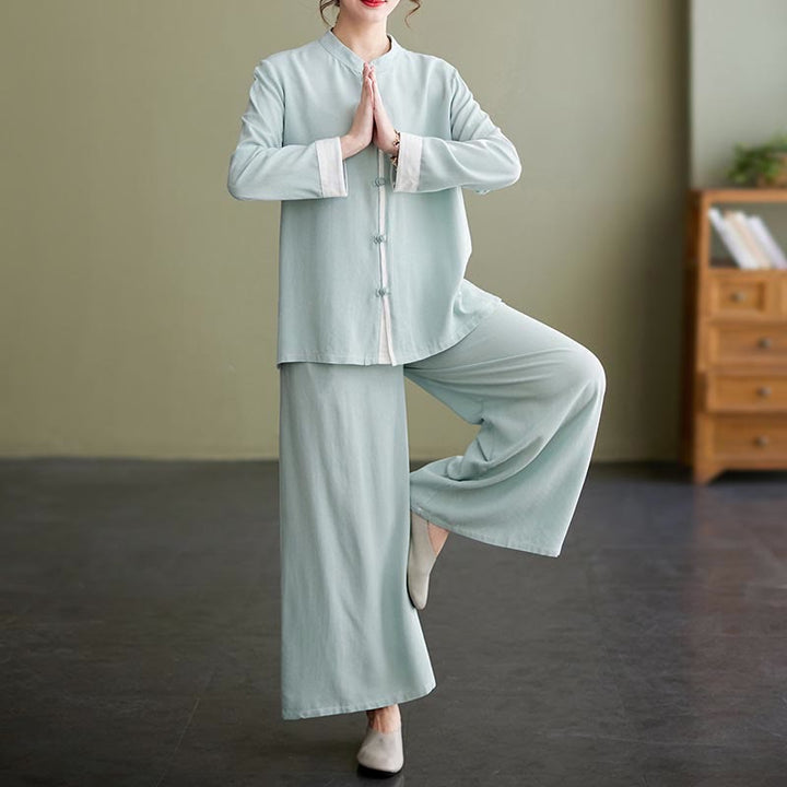 Buddha Stones 2 pezzi Tang Suit camicia a maniche lunghe pantaloni Meditazione Zen Tai Chi cotone lino abbigliamento da donna set - Verde (Top e Pantaloni) - US8-10, UK/AU12-14, EU40-42 (2XL) - image 15