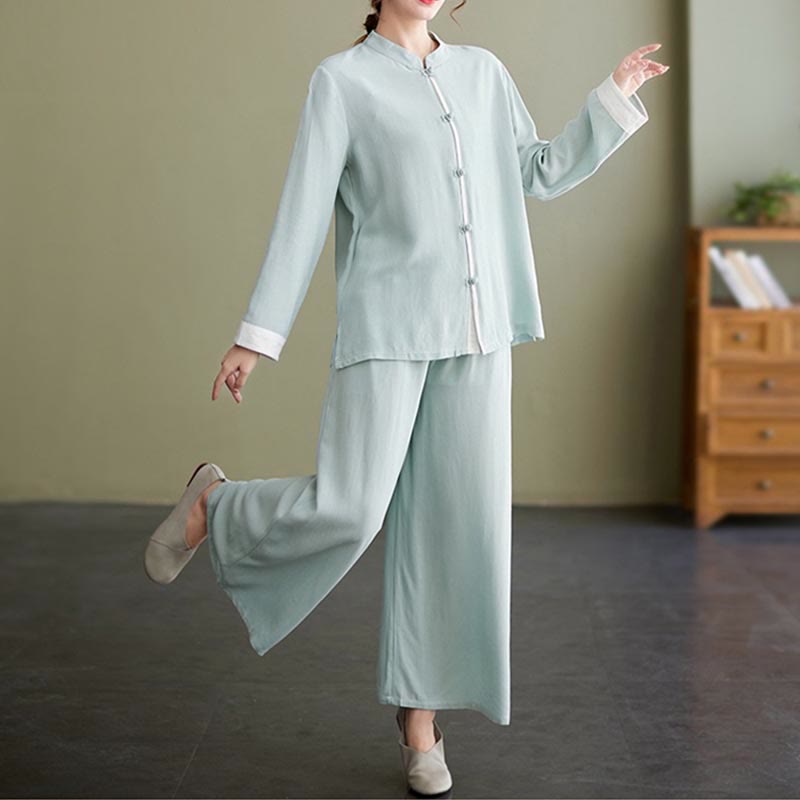 Buddha Stones 2 pezzi Tang Suit camicia a maniche lunghe pantaloni Meditazione Zen Tai Chi cotone lino abbigliamento da donna set