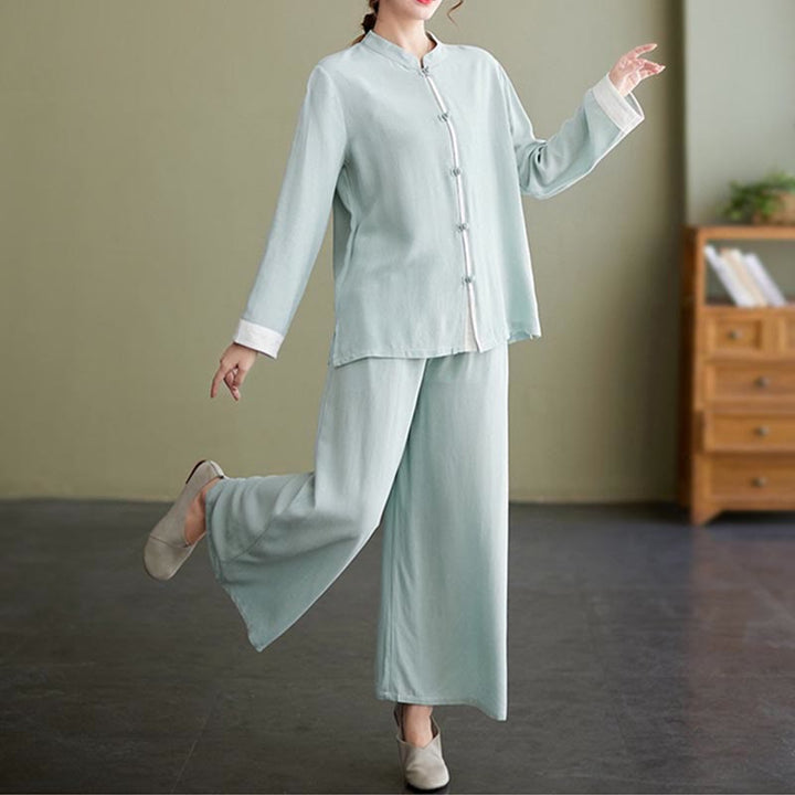 Buddha Stones 2 pezzi Tang Suit camicia a maniche lunghe pantaloni Meditazione Zen Tai Chi cotone lino abbigliamento da donna set