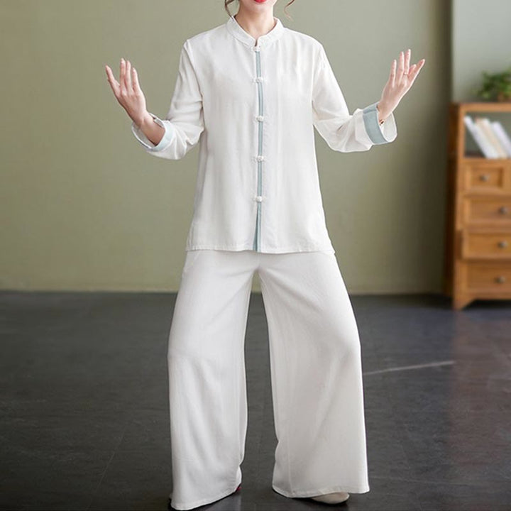 Set da donna in cotone e lino con 2 pezzi Buddha Stones , camicia a maniche lunghe, pantaloni e top per meditazione Zen Tai Chi - image 1