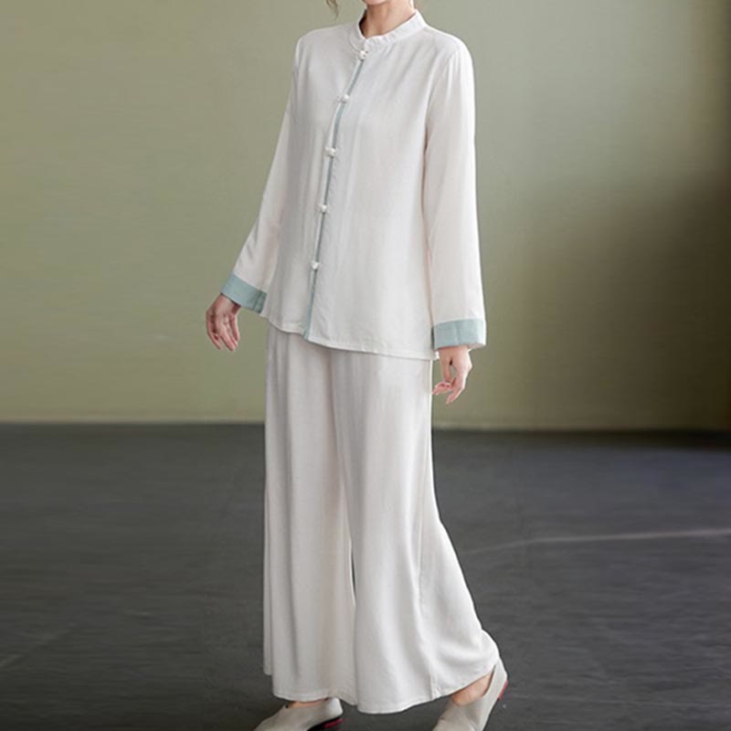 Set da donna in cotone e lino con 2 pezzi Buddha Stones , camicia a maniche lunghe, pantaloni e top per meditazione Zen Tai Chi - image 4