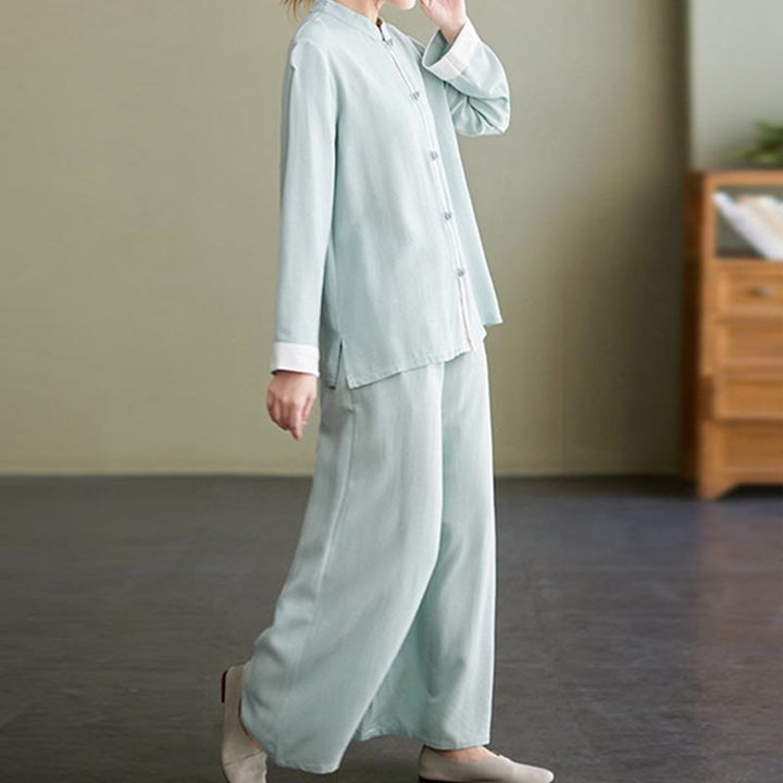Buddha Stones 2 pezzi Tang Suit camicia a maniche lunghe pantaloni Meditazione Zen Tai Chi cotone lino abbigliamento da donna set
