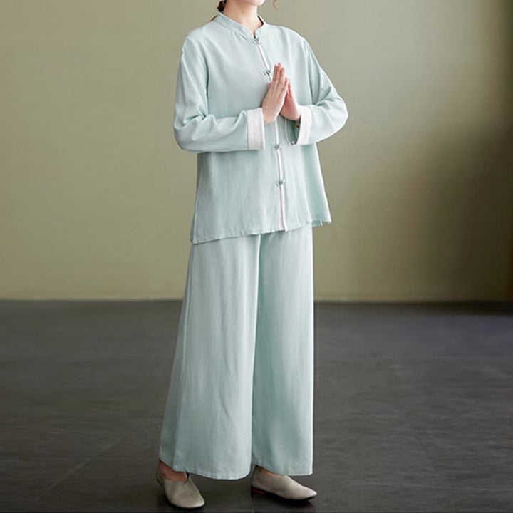 Buddha Stones 2 pezzi Tang Suit camicia a maniche lunghe pantaloni Meditazione Zen Tai Chi cotone lino abbigliamento da donna set